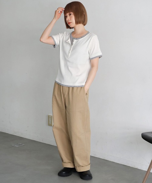 tiptop（ティップトップ）の「[新色追加]配色シアー×ヘンリーネックレイヤードT（Tシャツ/カットソー・レディース・ブラック/オフホワイト/チャコールグレー/ブラウン/グレー系その他・FREE）」の11枚目の写真