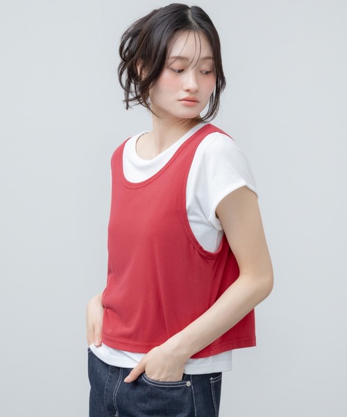 HEILIS(ヘイリス)の「レイヤード風半袖Tシャツ / 半袖 カットソー トップス 韓国 ブラック レッド 赤T レイヤード風 オーバーサイズ メンズライク 重ね着 シンプル 無地 カジュアル 春服 夏服(Tシャツ/カットソー・レディース・レッド/ブラック・FREE)」の15枚目の写真