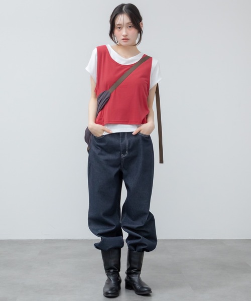 HEILIS(ヘイリス)の「レイヤード風半袖Tシャツ / 半袖 カットソー トップス 韓国 ブラック レッド 赤T レイヤード風 オーバーサイズ メンズライク 重ね着 シンプル 無地 カジュアル 春服 夏服(Tシャツ/カットソー・レディース・レッド/ブラック・FREE)」の19枚目の写真