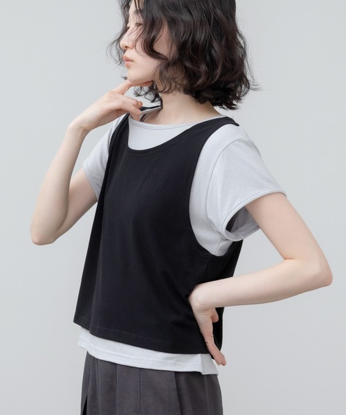HEILIS(ヘイリス)の「レイヤード風半袖Tシャツ / 半袖 カットソー トップス 韓国 ブラック レッド 赤T レイヤード風 オーバーサイズ メンズライク 重ね着 シンプル 無地 カジュアル 春服 夏服(Tシャツ/カットソー・レディース・レッド/ブラック・FREE)」の7枚目の写真