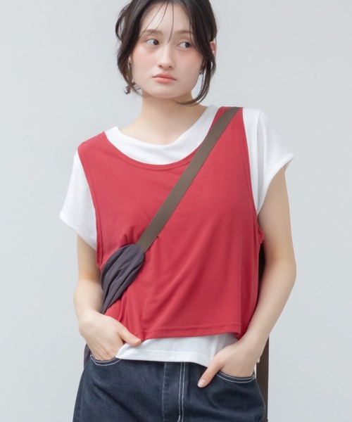 HEILIS(ヘイリス)の「レイヤード風半袖Tシャツ / 半袖 カットソー トップス 韓国 ブラック レッド 赤T レイヤード風 オーバーサイズ メンズライク 重ね着 シンプル 無地 カジュアル 春服 夏服(Tシャツ/カットソー・レディース・レッド/ブラック・FREE)」の14枚目の写真