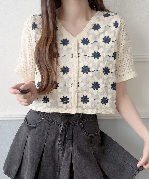 セール】フラワー刺繍ドッキング半袖カーディガン（カーディガン