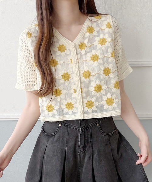 セール】フラワー刺繍ドッキング半袖カーディガン（カーディガン