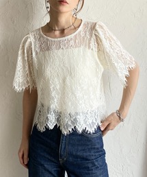 半袖 パフスリーブ ショート丈 シアー/シースルー スカラップレース ブラウス 花柄 トップス