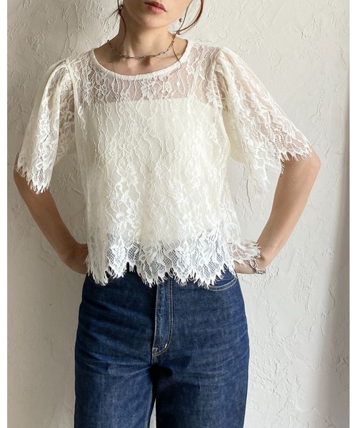 She's Closet(シーズクローゼット)の「半袖 パフスリーブ ショート丈 シアー/シースルー スカラップレース ブラウス 花柄 トップス(Tシャツ/カットソー・レディース・ブラック/アイボリー・FREE)」の19枚目の写真