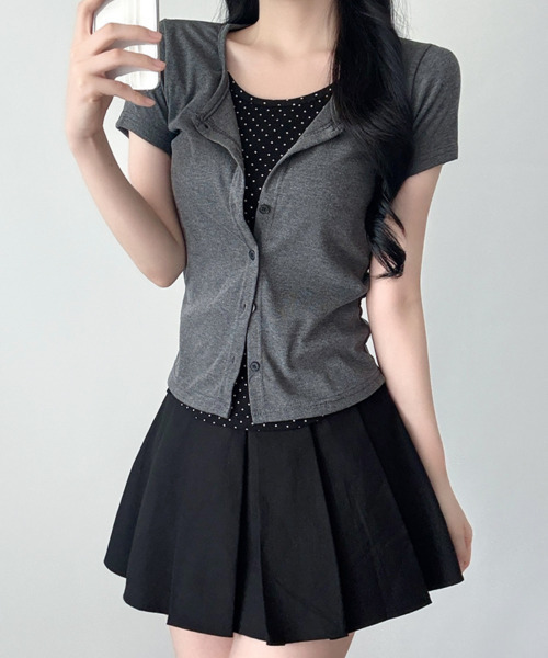 VIVID LADY（ビビッドレディー）の「ドットインナードッキング カーディガン風 半袖トップス（Tシャツ/カットソー・レディース・ブラック/クリーム/チャコールグレー・FREE）」の11枚目の写真