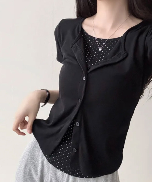 VIVID LADY（ビビッドレディー）の「ドットインナードッキング カーディガン風 半袖トップス（Tシャツ/カットソー・レディース・ブラック/クリーム/チャコールグレー・FREE）」の12枚目の写真