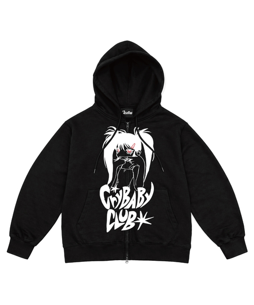 CRYBABYCLUB(クライベイビークラブ)の「レッドアイアートワークフードジップアップ_ブラック(パーカー・レディース・ブラック・SMALL/MEDIUM/LARGE)」の1枚目の写真
