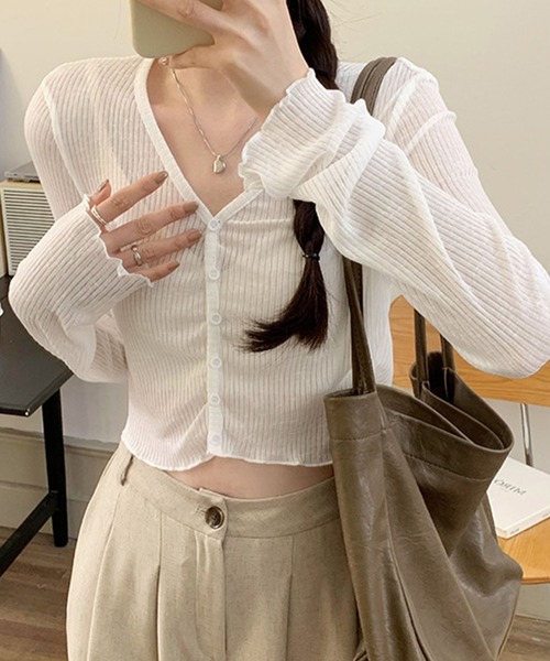 GLAMOROUS JANE（グラマラスジェーン）の「シアーフロントボタンクロップド丈カーディガン（カーディガン/ボレロ・レディース・ミント/ホワイト・FREE）」の4枚目の写真