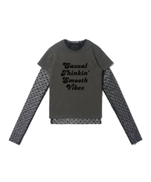 ドットシースルーロングスリーブレイヤードカジュアル半袖Tシャツセット（ブラック/チャコール）