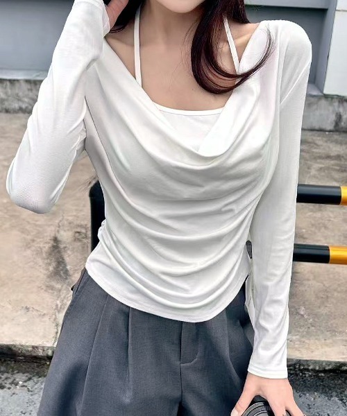 SHEENA（シーナ）の「レイヤードライクドレープトップス（Tシャツ/カットソー・レディース・チャコールグレー/ホワイト/ブラック/モカ・M）」の2枚目の写真