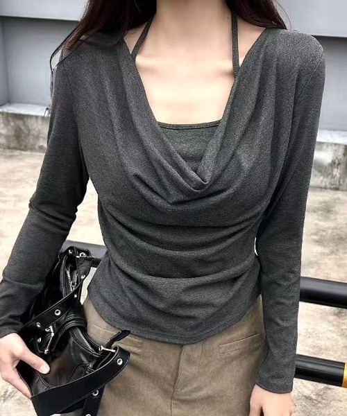 SHEENA（シーナ）の「レイヤードライクドレープトップス（Tシャツ/カットソー・レディース・チャコールグレー/ホワイト/ブラック/モカ・M）」の4枚目の写真