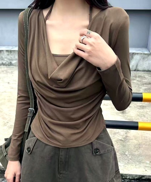 SHEENA（シーナ）の「レイヤードライクドレープトップス（Tシャツ/カットソー・レディース・チャコールグレー/ホワイト/ブラック/モカ・M）」の7枚目の写真