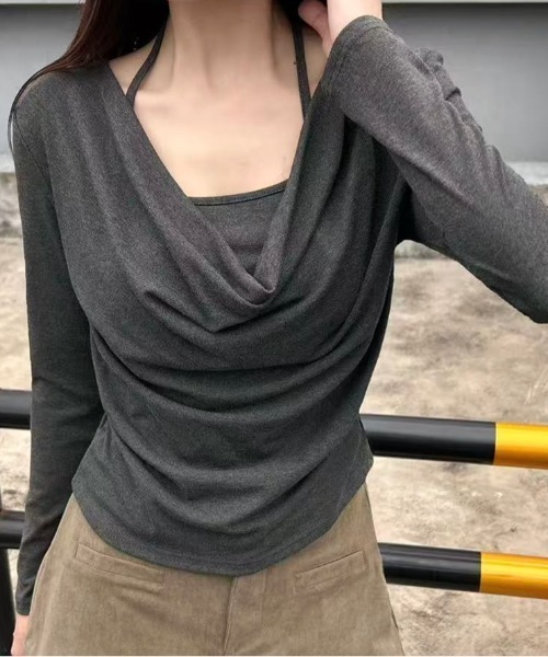 SHEENA（シーナ）の「レイヤードライクドレープトップス（Tシャツ/カットソー・レディース・チャコールグレー/ホワイト/ブラック/モカ・M）」の10枚目の写真