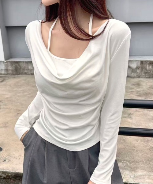 SHEENA（シーナ）の「レイヤードライクドレープトップス（Tシャツ/カットソー・レディース・チャコールグレー/ホワイト/ブラック/モカ・M）」の13枚目の写真