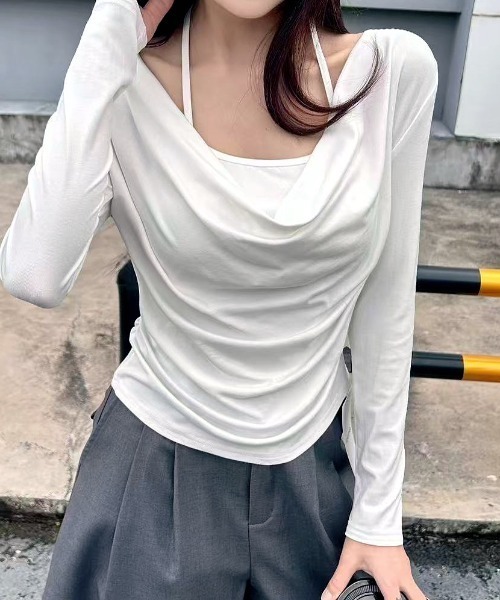 SHEENA（シーナ）の「レイヤードライクドレープトップス（Tシャツ/カットソー・レディース・チャコールグレー/ホワイト/ブラック/モカ・M）」の14枚目の写真