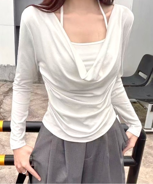 SHEENA（シーナ）の「レイヤードライクドレープトップス（Tシャツ/カットソー・レディース・チャコールグレー/ホワイト/ブラック/モカ・M）」の15枚目の写真
