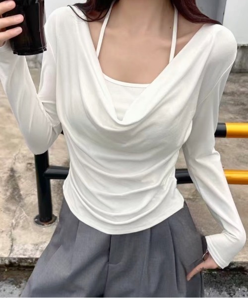 SHEENA（シーナ）の「レイヤードライクドレープトップス（Tシャツ/カットソー・レディース・チャコールグレー/ホワイト/ブラック/モカ・M）」の16枚目の写真