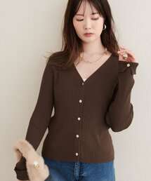 接触冷感UVアンチピリング オリジナル釦リブ編みVネックカーディガン