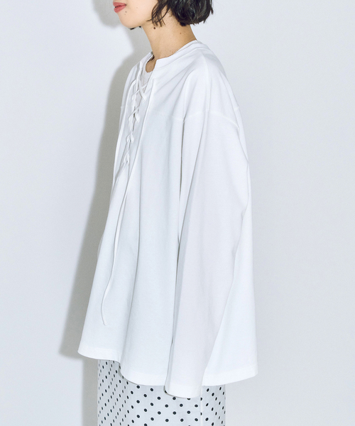 CITYSHOP（シティーショップ）の「《追加3》[THE MOOD]レースアップロングTシャツ（Tシャツ/カットソー・レディース・ブラック/ホワイト・FREE）」の5枚目の写真