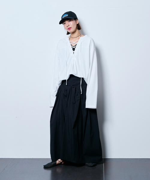 CITYSHOP（シティーショップ）の「《追加3》[THE MOOD]レースアップロングTシャツ（Tシャツ/カットソー・レディース・ブラック/ホワイト・FREE）」の8枚目の写真