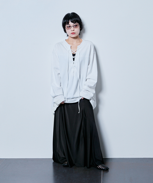 CITYSHOP（シティーショップ）の「《追加3》[THE MOOD]レースアップロングTシャツ（Tシャツ/カットソー・レディース・ブラック/ホワイト・FREE）」の12枚目の写真