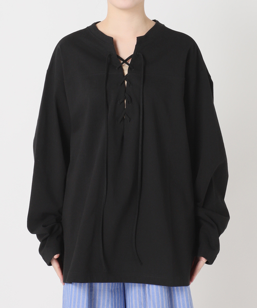CITYSHOP（シティーショップ）の「《追加3》[THE MOOD]レースアップロングTシャツ（Tシャツ/カットソー・レディース・ブラック/ホワイト・FREE）」の3枚目の写真