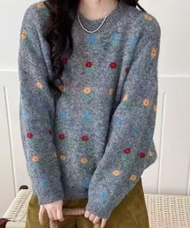 フラワー柄ジャガード モヘアライクルーズニットプルオーバー