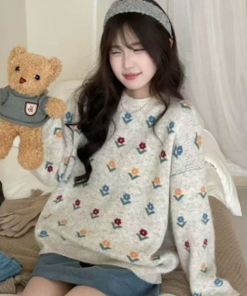 Teem Store（チームストア）の「フラワー柄ジャガード モヘアライクルーズニットプルオーバー（ニット/セーター・レディース・グレー/ブルー/アイボリー・M）」の6枚目の写真