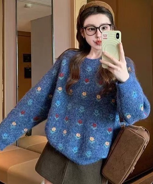 Teem Store（チームストア）の「フラワー柄ジャガード モヘアライクルーズニットプルオーバー（ニット/セーター・レディース・グレー/ブルー/アイボリー・M）」の11枚目の写真