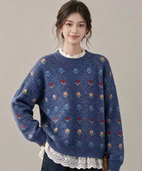 Teem Store（チームストア）の「フラワー柄ジャガード モヘアライクルーズニットプルオーバー（ニット/セーター・レディース・グレー/ブルー/アイボリー・M）」の18枚目の写真