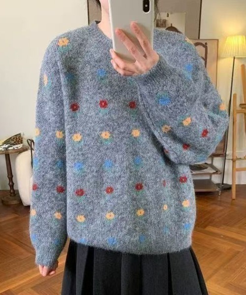 Teem Store（チームストア）の「フラワー柄ジャガード モヘアライクルーズニットプルオーバー（ニット/セーター・レディース・グレー/ブルー/アイボリー・M）」の10枚目の写真