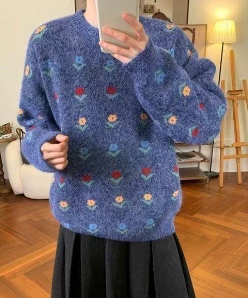 Teem Store（チームストア）の「フラワー柄ジャガード モヘアライクルーズニットプルオーバー（ニット/セーター・レディース・グレー/ブルー/アイボリー・M）」の14枚目の写真