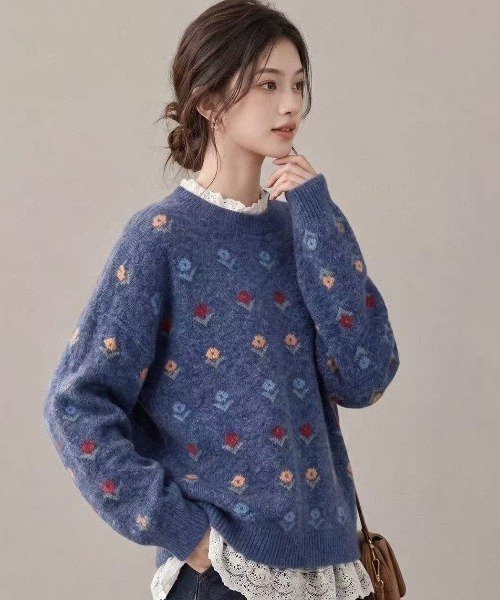 Teem Store（チームストア）の「フラワー柄ジャガード モヘアライクルーズニットプルオーバー（ニット/セーター・レディース・グレー/ブルー/アイボリー・M）」の19枚目の写真