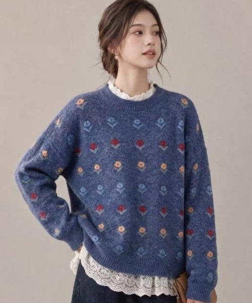 Teem Store（チームストア）の「フラワー柄ジャガード モヘアライクルーズニットプルオーバー（ニット/セーター・レディース・グレー/ブルー/アイボリー・M）」の17枚目の写真