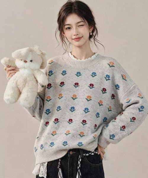 Teem Store（チームストア）の「フラワー柄ジャガード モヘアライクルーズニットプルオーバー（ニット/セーター・レディース・グレー/ブルー/アイボリー・M）」の16枚目の写真