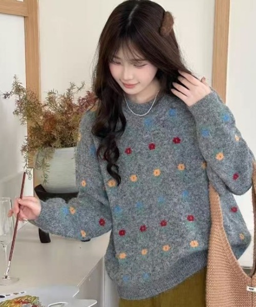 Teem Store（チームストア）の「フラワー柄ジャガード モヘアライクルーズニットプルオーバー（ニット/セーター・レディース・グレー/ブルー/アイボリー・M）」の7枚目の写真