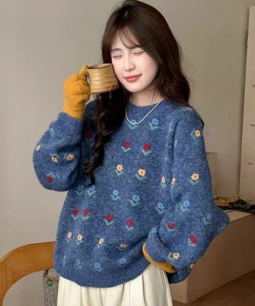 Teem Store（チームストア）の「フラワー柄ジャガード モヘアライクルーズニットプルオーバー（ニット/セーター・レディース・グレー/ブルー/アイボリー・M）」の13枚目の写真