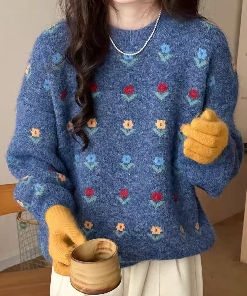 Teem Store（チームストア）の「フラワー柄ジャガード モヘアライクルーズニットプルオーバー（ニット/セーター・レディース・グレー/ブルー/アイボリー・M）」の12枚目の写真