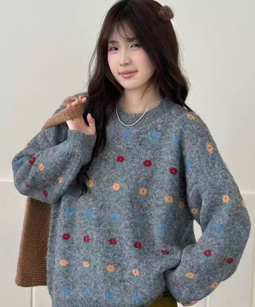 Teem Store（チームストア）の「フラワー柄ジャガード モヘアライクルーズニットプルオーバー（ニット/セーター・レディース・グレー/ブルー/アイボリー・M）」の9枚目の写真