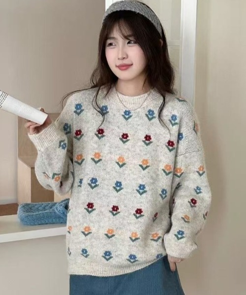 Teem Store（チームストア）の「フラワー柄ジャガード モヘアライクルーズニットプルオーバー（ニット/セーター・レディース・グレー/ブルー/アイボリー・M）」の5枚目の写真