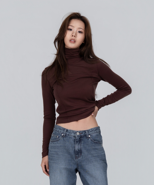 PHOS333(フォースサンサンサン)の「W 切り込みステッチ タートルネック/ブラウン(Tシャツ/カットソー・レディース・その他・FREE)」の1枚目の写真