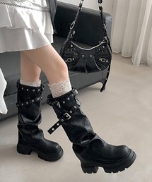 ベルトデザインシワ加工厚底ロングブーツ