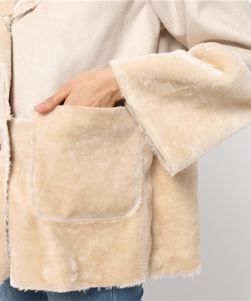LBC（エルビーシー）の「フェイクスエードハーフボアジャケット                  （その他アウター・レディース・オフホワイト/ネイビー・LARGE/MEDIUM）」の3枚目の写真