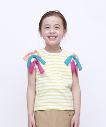 キッズ 天竺ボーダー柄 リボンノースリーブTシャツ