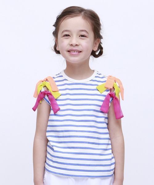 RUGGEDWORKS（ラゲッドワークス）の「キッズ 天竺ボーダー柄 リボンノースリーブTシャツ（Tシャツ/カットソー・キッズ・イエロー/ブルー系その他4・110cm/140cm/130cm/100cm/120cm/90cm）」の2枚目の写真