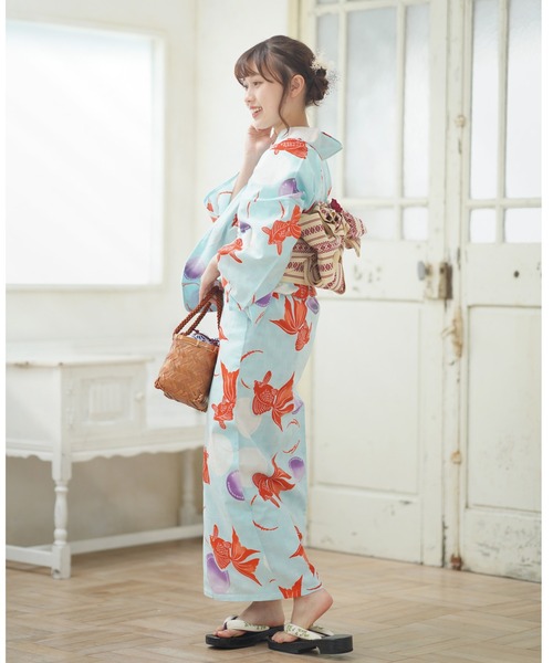 浴衣水着 着物 浴衣注染浴衣3点セットみずいろに赤い金 浴衣 Utatane ウタタネ のファッション