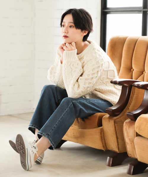 PAGEBOY（ページボーイ）の「ケーブルクルーネックプルオーバー（ニット/セーター・レディース・パープル/オフホワイト/ライトブラウン・FREE）」の7枚目の写真