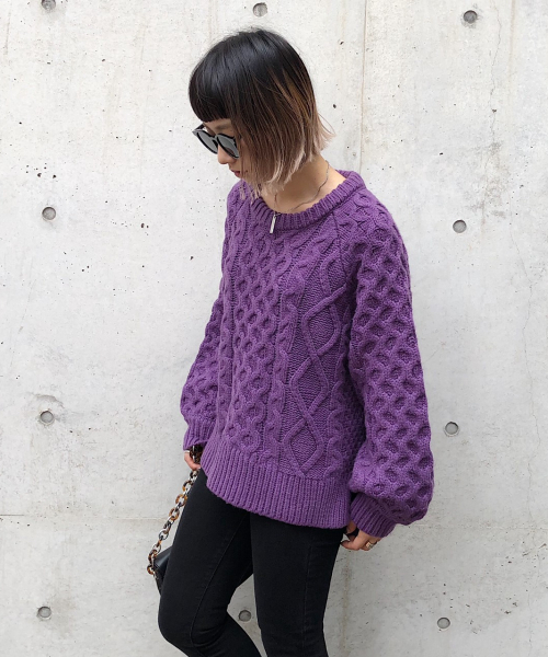 PAGEBOY（ページボーイ）の「ケーブルクルーネックプルオーバー（ニット/セーター・レディース・パープル/オフホワイト/ライトブラウン・FREE）」の11枚目の写真