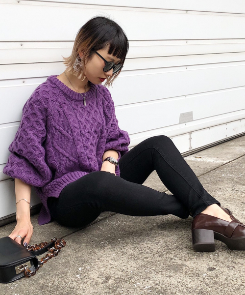PAGEBOY（ページボーイ）の「ケーブルクルーネックプルオーバー（ニット/セーター・レディース・パープル/オフホワイト/ライトブラウン・FREE）」の14枚目の写真